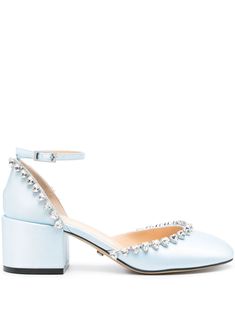 sky blue satin weave low block heel crystal embellishment round toe branded leather insole leather outsole logo plaque at the sole buckle-fastening ankle strap This piece comes complete with a protective dust bag. Blue Low Block Heels, Comfortable Bridal Shoes Blue, Bridal Shoes Light Blue, Blue Pumps, Satin Pumps, Low Block Heels, Pumps Flat, Crossbody Tote, Crystal Embellishment