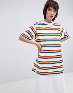 Monki Rainbow Stripe Oversized Tee T Shirt Oversize, Mode Online, Oversized T Shirt, Daily Look, Oversized Tee, Rainbow Stripes, Oversized Tshirt, Stripes Design