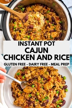 instant pot cajun chicken and rice recipe in a white bowl with a wooden spoon