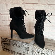 Brand New Without Box And Still Has Stickers On The Soles. Black Lace-Up Suede Booties With Faux Fur On The Upper. Heel Height Is 4” And Size Is A 6. Black Stiletto Boots, Qupid Shoes, Black Stilettos, Stiletto Boots, Platform Ankle Boots, Suede Booties, Black Lace, Bootie Boots, Faux Fur