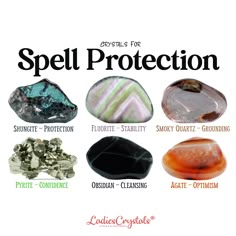 This is a spell protection set of 6 crystals. Shungite, fluorite, smoky quartz, pyrite, obsidian and agate. The spell protection set includes: ☆ 6 crystals are listed above with sizes 2 - 2,5 cm. ☆ Information glossy card with the properties of crystals. ☆ Velvet bag for your stones. ☆ Gift card (optional). ☆ Everything is packed in a small elegant box with a ribbon ready to be given as a gift. ☆ CRYSTALS PROPERTIES ☆ Shungite - Protection Fluorite - Stability Smoky quartz - Grounding Pyrite - Confidence Obsidian - Cleansing Agate - Optimism ☆ HOW TO USE ☆ You can use the crystals in whatever way works for you, such as wearing them in your pocket, placing them on your desk or on a windowsill, or simply holding it in your hand every time you need to be reminded of your intention. The import Black Magic Protection, Spell Protection, Magic Protection, Witch Spells, Crystal Healing Chart, Teen Witch, Wiccan Spell Book, Christmas Board, Witch Spell Book