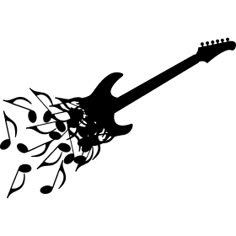 an electric guitar with musical notes on it's body and neck is silhouetted against a white background