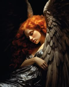 a woman with red hair and angel wings