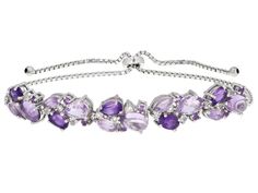 Purple amethyst rhodium over sterling silver adjustable bolo bracelet 7.00ctw Purple Quinceanera Jewelry, Lavender Accessories, Purple Jewellery, Purple Accessories Png, Purple Accessories Aesthetic, Elegant Purple Wedding Bracelets, Fantasy Style Amethyst Silver Jewelry, Purple Jewelry Bracelet, Elegant Purple Crystal Bracelet