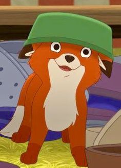 a cartoon dog wearing a green hat