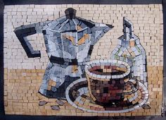 a mosaic with a coffee pot and cup on it