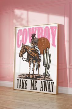 Cowboy Take Me Home - Digital Wall Print | Western Wall Art | Printable Decor - Instant Download  Bring a touch of the Wild West to your space with this Cowboy Take Me Home digital wall print! This modern yet rustic artwork is perfect for adding a bit of country charm to your home decor. Whether you're a country music fan, a lover of western aesthetics, or simply looking to spice up your space, this print will instantly create a cozy, welcoming vibe. Designed to fit various frame sizes, this dig Western Bedroom Theme, Retro Western Bedroom, Western Wall Art Diy, Girly Western Decor, Pink Western Decor, Western Bedroom Themes, Modern Cowboy Decor, Rustic Country Wall Decor, Cowgirl Room