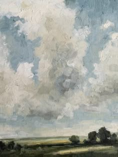 an oil painting of clouds in the sky over a green field with trees and grass