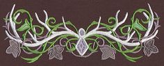 an embroidered design with leaves and vines on a brown background is featured in this image