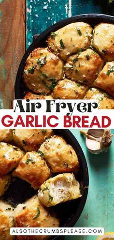 an air fryer filled with garlic bread on top of a blue table next to other food