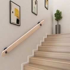 there is a stair rail on the wall next to some pictures and a potted plant