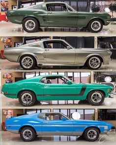 four different colored muscle cars are shown in this collage, one is blue and the other is green