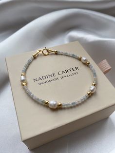 This gorgeous dainty bracelet is made from Grade A, Freshwater Pearls with 22k gold vermeil beads and natural semi precious black spinal beaded gemstones. Perfect for bridal jewellery or a bridesmaid gift, everyday wear or even stacking with other gemstone bracelets. Gold Vermeil: I use gold vermeil for the beads, extension chain and clasp. Gold vermeil is a type of gold jewellery made to last. The base metal is Sterling Silver which means your piece is made from precious metals only. A thick la Pearl Jewelry Bracelets, Beaded Bracelet With Charm, Non Tarnish Jewelry, Bracelet Beads Ideas, Everyday Gold Bracelet, Wire Bead Bracelet, Bracelets For Bridesmaids, Beaded Bracelets Gold, Morganite Bracelet