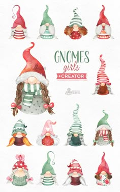 gnomes with different hats and beards are shown in this watercolor painting technique