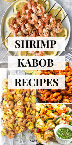 Collage of shrimp kabob recipes and skewers.