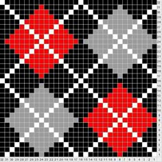 a cross stitch pattern with red and grey squares on black, white and gray background