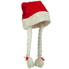 a red and white santa hat with long braids on the side, attached to a string