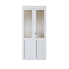 a white door with frosted glass on the front and side doors in different sizes