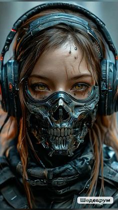 a woman wearing headphones and a skull mask