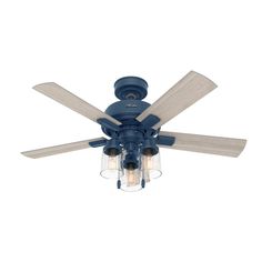 a blue ceiling fan with three light bulbs