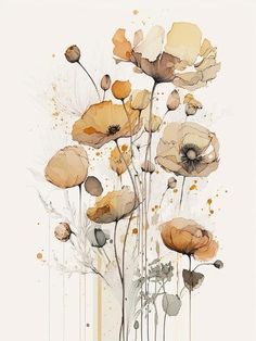 an abstract painting of flowers with watercolors and ink splatters on white paper