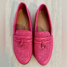 Barbie Pink Anne Klein Loafers With Silver Detailing. Size 8. Pink Leather Loafers With Flat Heel, Elegant Pink Loafers With Round Toe, Classic Pink Loafers With Round Toe, Casual Pink Slip-on Loafers, Pink Classic Slip-on Loafers, Pink Loafers, Metallic Ballet Flats, Anne Klein Shoes, Suede Ballet Flats