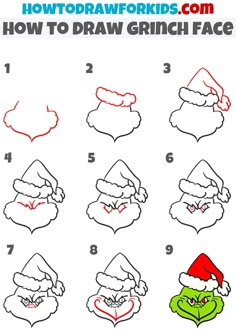 how to draw grin face with santa claus's hat and red nose, step by step