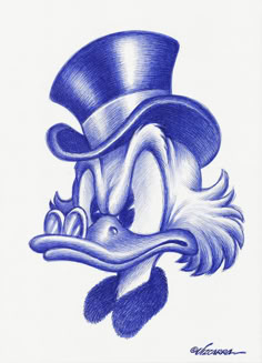 a blue and white drawing of a duck with a top hat on it's head