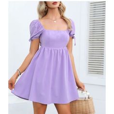 Exlura Womens Square Neck Babydoll Dress Backless High Waist Tie Back Short Puff Sleeve Summer Mini Dress Sundress New With Tags Size Medium Lilac Purple 95% Polyester, 5% Spandex Adorable Comfortable, Breathable, Quick Dry, Skin-Friendly, Durable, Lined, Soft Touch Dress This Cute Dress Is Backless, Has A Square Neck, Tie Back, Bowknot, Tie Knot Cuff, High Waist, A-Line Silhouette, Short Puff Sleeve, Mini Length, Solid Color, Cut Out, Baby Doll Dress. The Color May Vary Due To Lighting On My De Purple Baby Doll Dress, Purple Puff Sleeve Mini Dress For Brunch, Cute Summer Mini Dress, Lavender Dress Aesthetic, Teen Summer Dresses, Light Purple Dress Short, Lavender Dress Casual, Short Lavender Dress, Pale Purple Dress