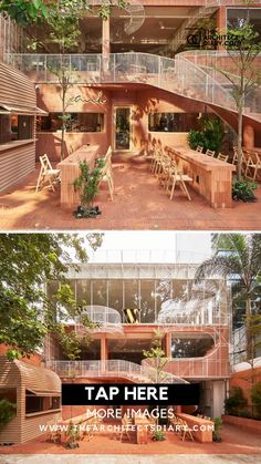 two photos showing the inside and outside of a house with plants growing out of it