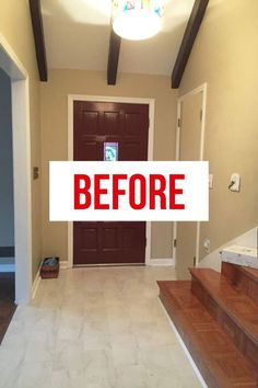 Entryway Makeover Idea Before After Entryway Before And After, Entry Way Tile Ideas Front Door, Front Door Before And After, Front Door Tile Entryway, Front Door Interior Entryway, Entryway Update, Tiled Staircase, Dutch Boy Paint, Entryway Tile