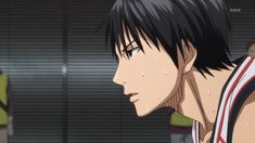 an anime character with black hair and white shirt looking at something in front of him