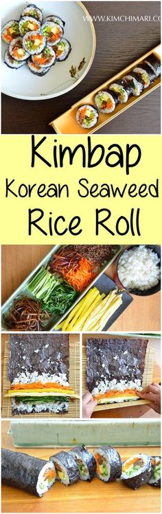 the recipe for kimbap korean seaweed rice roll is shown in four different pictures