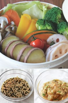 three bowls filled with different types of food on top of a white cloth covered table