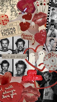 the collage has many different pictures and words on it, including heart shaped objects