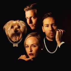 three people and a dog are posing for a photo with the words fugees on it