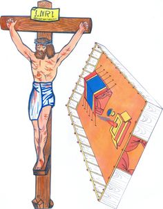 the crucifix is next to a drawing of a man on a cross