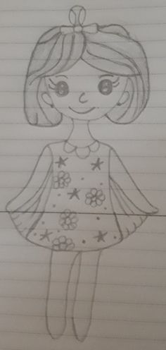 a drawing of a girl in a dress with stars on her chest and hair tied back