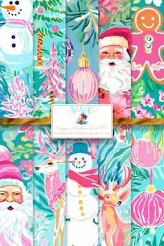 christmas digital papers with santa claus, snowmen and other holiday items on them in bright colors