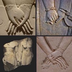 four different images of hands and feet in ancient egyptian style carvings, including one holding the other's hand