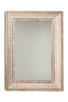 a square mirror that is made out of wood and has a white border around it