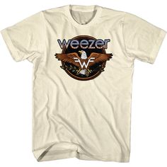 "Weezer Men's T-Shirt by American Classics The prolific pop-rock music-machine known as Weezer fire out hits and albums at a rate that stands them above the rest. With the 13 studio albums (with another on the way) and over 37 singles charting, Weezer know how to make hit single. In 2019, Weezer released an albums of covers (Teal Album) that is worth listening to for their Rock versions on Pop hits. Grab this vintage-style Weezer Men's T-Shirt looks like it came from a gig in the '90s What's inc American Eagle Logo, Eagle Flag, Alternative Rock Bands, Tour Merch, Weezer, Flag Logo, Disney Stars, Alternative Rock, Vintage Music