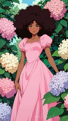 anime girl in a studio ghibli art style surrounded by large hydrangeas. Studio Ghibli Style Drawing, Pink Ghibli Aesthetic, Ghibli Style Art, Studio Ghibli Art Style, Ghibli Art Style, Wise Wizard, Curly Hair Cut, Art Studio Ghibli, Perfect Curly Hair