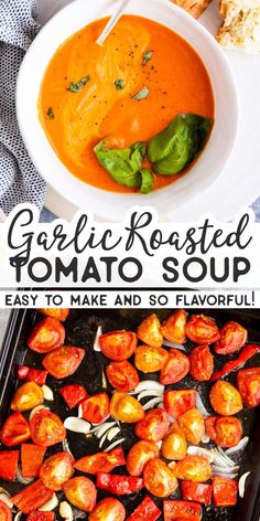 roasted tomato soup with garlic and basil in a white bowl on a black tray next to a plate of grilled tomatoes