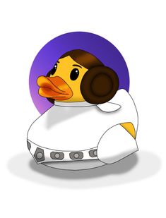 a cartoon duck with headphones on sitting in front of a purple circle and wearing a white shirt