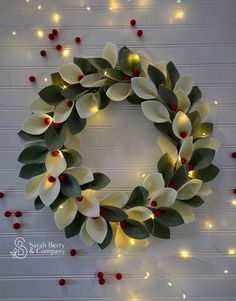 Ivory and Sage Felt Leaf Wreath with Lights and Red Berries | Front Door Wreaths | Christmas Wreaths | Winter Wreath | Minimalist | Woodland by SarahBerryandCompany on Etsy Front Door Christmas Lights, Making Wreaths, Crochet Christmas Wreath