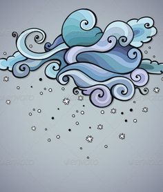 an artistic drawing of clouds and stars on a gray background - miscellaneous objects / objects illustrations