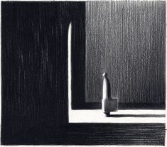 a black and white drawing of a bottle next to a window with light coming through it