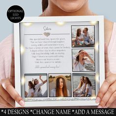 a woman holding up a photo frame with four photos in it and the words, designs change name add message