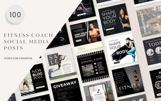 a collage of different social media posts with the title'100 fitness coach social media posts '